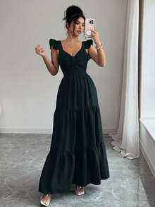 SHEIN Elenzya Women's Solid Color Long Dress, Elastic Waist Patchwork Slimming Long Skirt, Fashionable Elegant Daily Commute, Dinner Date Versatile Style, Spring/Summer - Dark Green - View 3