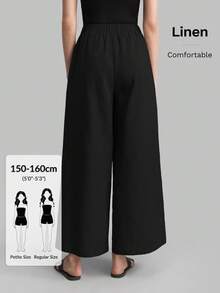 Ontre Petite PETITE 2026SS Linen Blend Women's Wide Leg Pants, Summer Loose Fit Black Casual Trousers, Office Wear, Business Casual, Retro, Urban Minimalist, Woven Fabric, Versatile, Elegant, Suitable For Small Stature, Daily, Beach, Music Festival, Graduation - Black - View 3