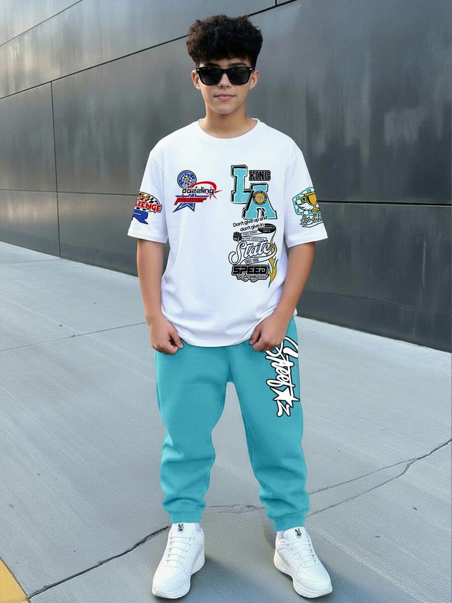 2件套青少年男童休闲简约Y2K涂鸦印花字母图案短袖T恤和运动裤套装，适合春夏穿着 - 彩色 - 查看 1