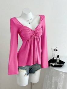 Elamini 女士休闲扭结V领长袖T恤，春秋季百搭新品 - 玫紅色 - 查看 4