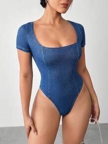 Flexra Summer Casual Square Neck Short Sleeve Denim Jumpsuit - Blue - View 6