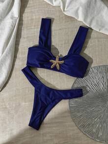 Swim Chiccia Blue Bikini Set For Women With Starfish Detail Ruched Straps And High Cut Bottom - Blue - View 4