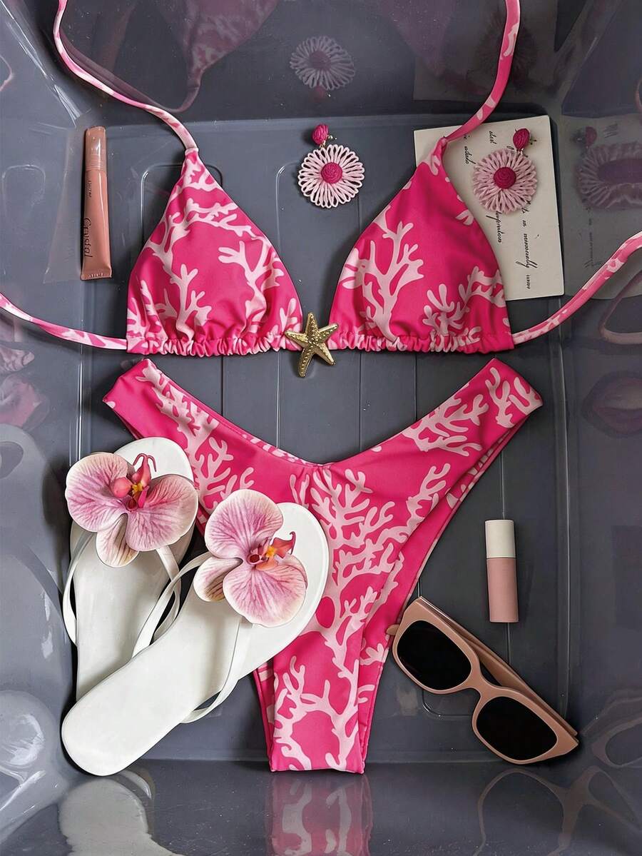 Swim Mod Women's Coral Pink Random Print Halter Metal Jewelry Bikini Set,Summer Casual Vacation Holiday Pink Floral Beach Swimwear Yummy Control Bathing Suit - Multicolor - View 1