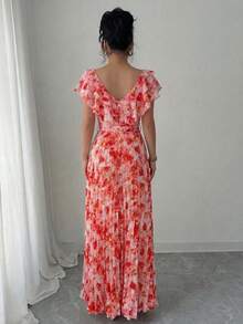 Elenzga V-Neck Digital Print Vacation Style Ruffle Waist A-Line Elegant Romantic Women Dress - Multicolor - View 2