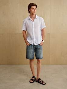 MENRIVO 白色亚麻度假风领短袖衬衫 - 白色 - 查看 4