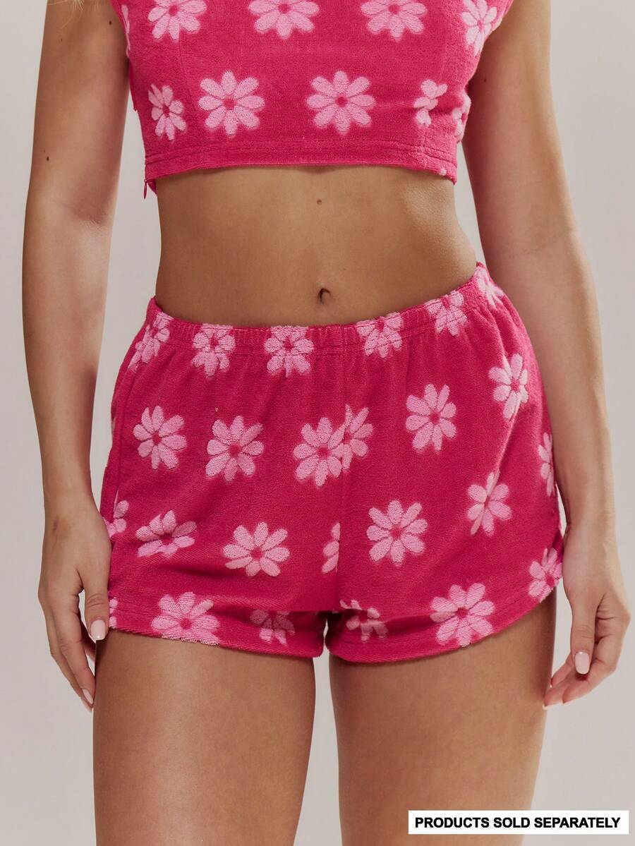 MUSERA Floral Towelling Mini Shorts Only Spring Summer Cute Girly Holiday Vacation Beach Everyday Casual Sorbet Print - Hot Pink - View 1