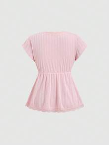 Elamini 女士春夏韩版粉色休闲优雅舒适百搭V领蕾丝荷叶边蝴蝶结设计短袖T恤 - 粉色 - 查看 4