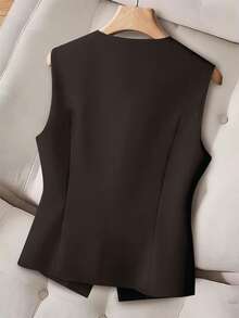 GlowEve CURVE Plus Size Button Decor Sleeveless Plain Casual Blazer - Brown - View 2