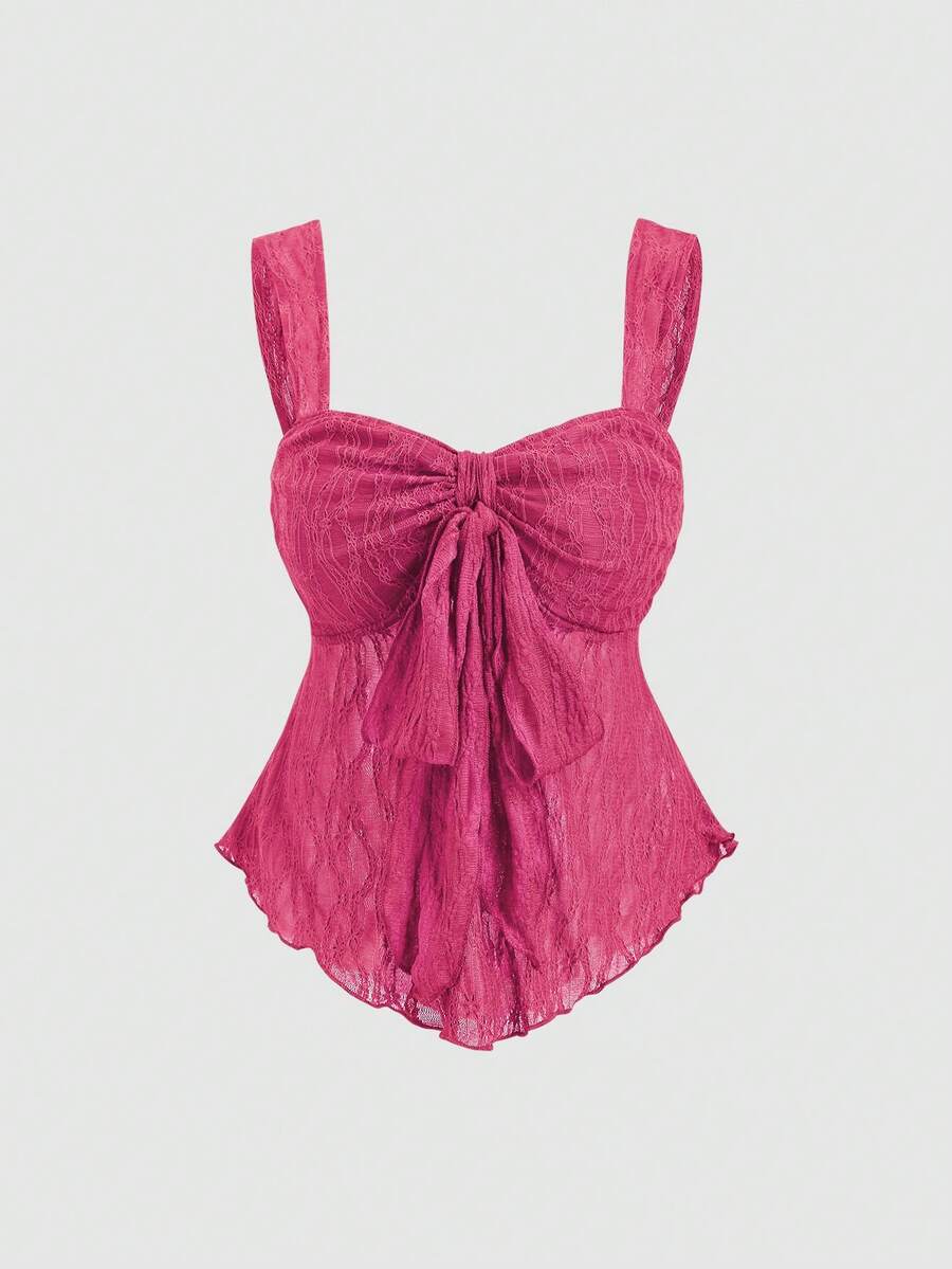 SHEIN Sweetro Cropped Tube Top With Bowknot & Textured Print - Hot Pink - View 1