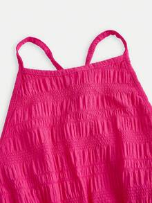 SHEIN Tween Girls' Casual Vacation Fuchsia Halter Backless Textured Solid Dress, Suitable For Beach, Music Festival - Hot Pink - View 3