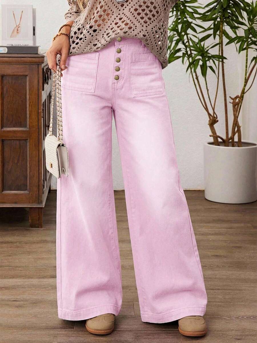 EMERY ROSE Plus Size Women Loose Casual Denim Wide Leg Jeans With Button Front Pockets - Baby Pink - View 1