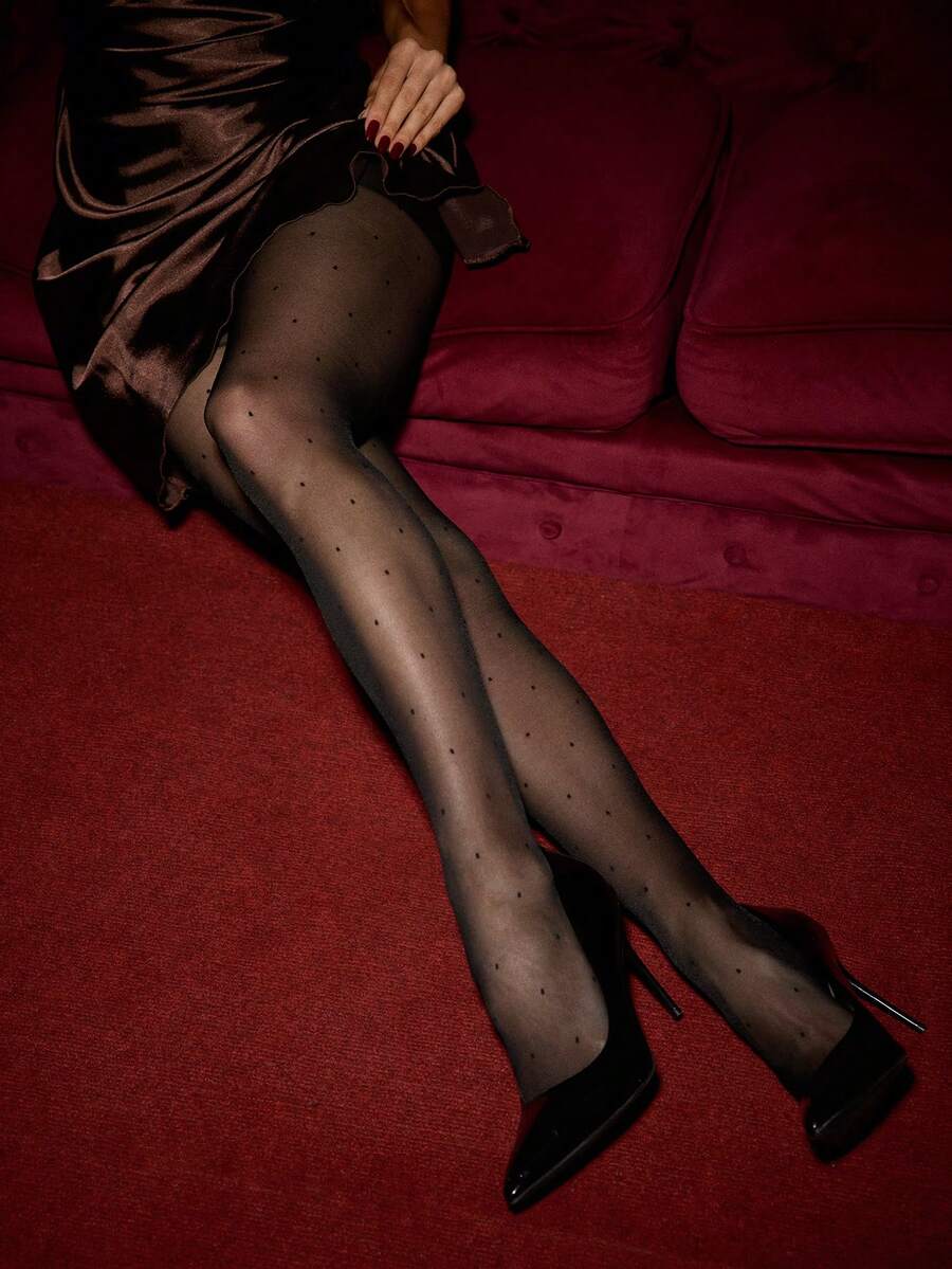 1件女士圆点丝袜时尚提花连裤袜黑色紧身裤袜