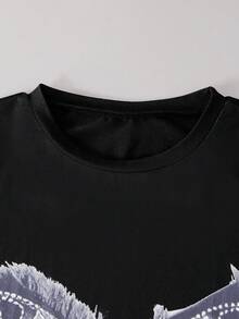 SHEIN 少女蝴蝶印花T恤和牛仔印花喇叭裤两件套 - 黑色 - 查看 6