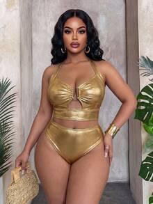 Slaydiva Conjunto de traje de baño para mujer de talla grande con tela de lámina de oro, Primavera/Verano 2026 - Dorado - Ver 6