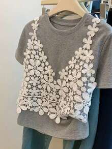 Franclia Plus Size Women's 2 In 1 Spaghetti Strap Lace Trim Short Sleeve T-Shirt - Grey - View 1