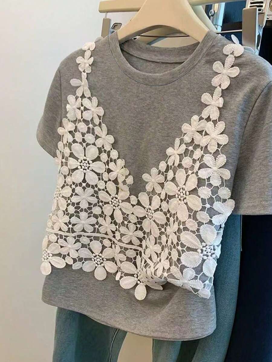 Franclia Plus Size Women's 2 In 1 Spaghetti Strap Lace Trim Short Sleeve T-Shirt - Grey - View 1