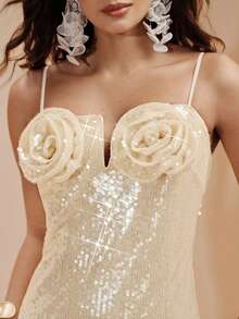 Arave Đầm ôm sát eo cổ chữ V bằng vải đính sequin dành cho nữ, họa tiết hoa, kiểu dáng sang trọng, thích hợp cho các bữa tiệc. - Màu Khaki - Xem 2