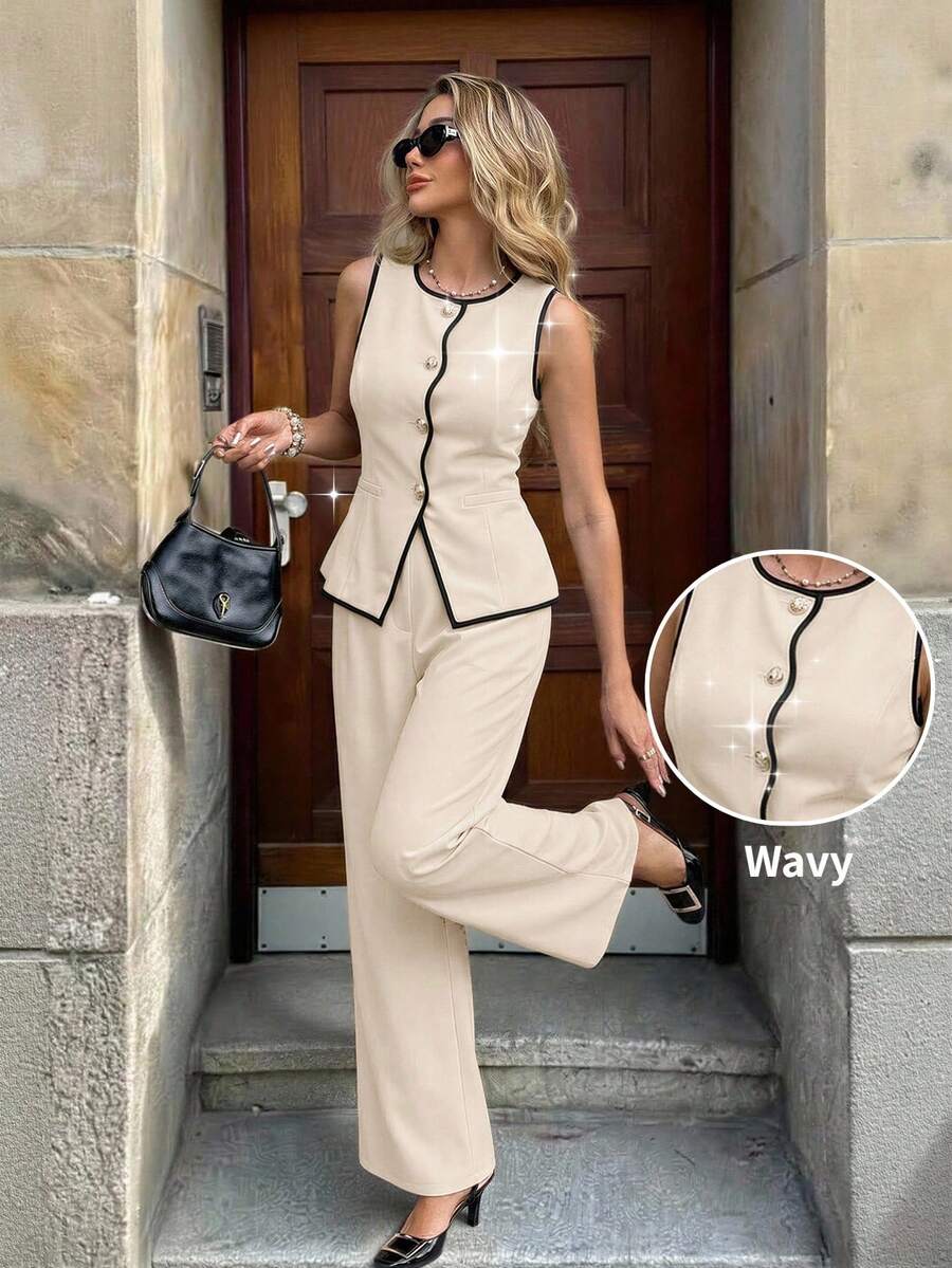 Serisse Conjunto de 2 piezas de mujer con cuello redondo sin mangas, con ribete de contraste, elegante y minimalista, para verano - Albaricoque - Ver 1