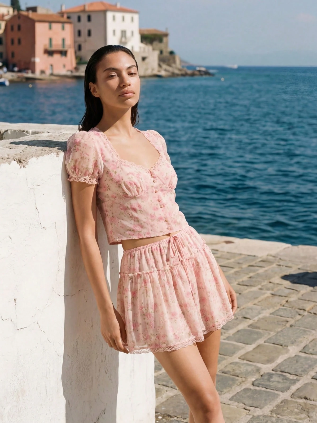 Romantic Pink Eyelet-Embroidered Set With Puff-Sleeve Top And Matching Skirt Cute Two Pieces Floral Set Pink Floral Top And Shorts Set Spring Summer French Style Parisian Style