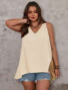 EMERY ROSE Plus Size Women Lace Patchwork 100% Pure Cotton Tank Top,White,Summer,Boho,Vacation,Holiday Business Casual Front Short Back Long Blouses Daily Wear - Khaki - View 3