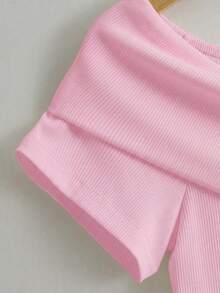 Franclia Women's Fashionable Elegant Solid Color Rose Button Off Shoulder Ribbed Dress - Pink - View 4