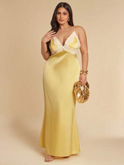 Gossip Girl X SHEIN SHEIN BAE Plus Size Women Yellow Satin Long Camisole Dress, White Lace Contrast Color Dress, Elegant Party Dress