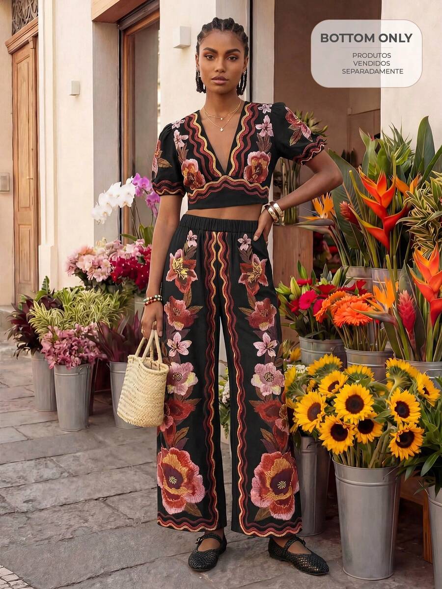CAJUNI Wide Leg Pants Tapestry Flower Print - Black - View 1