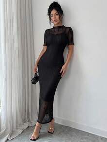 Modelyn Petite Women's Solid Color Mesh Patchwork Short Sleeve Fitted Elegant Long Dress - Black - View 4