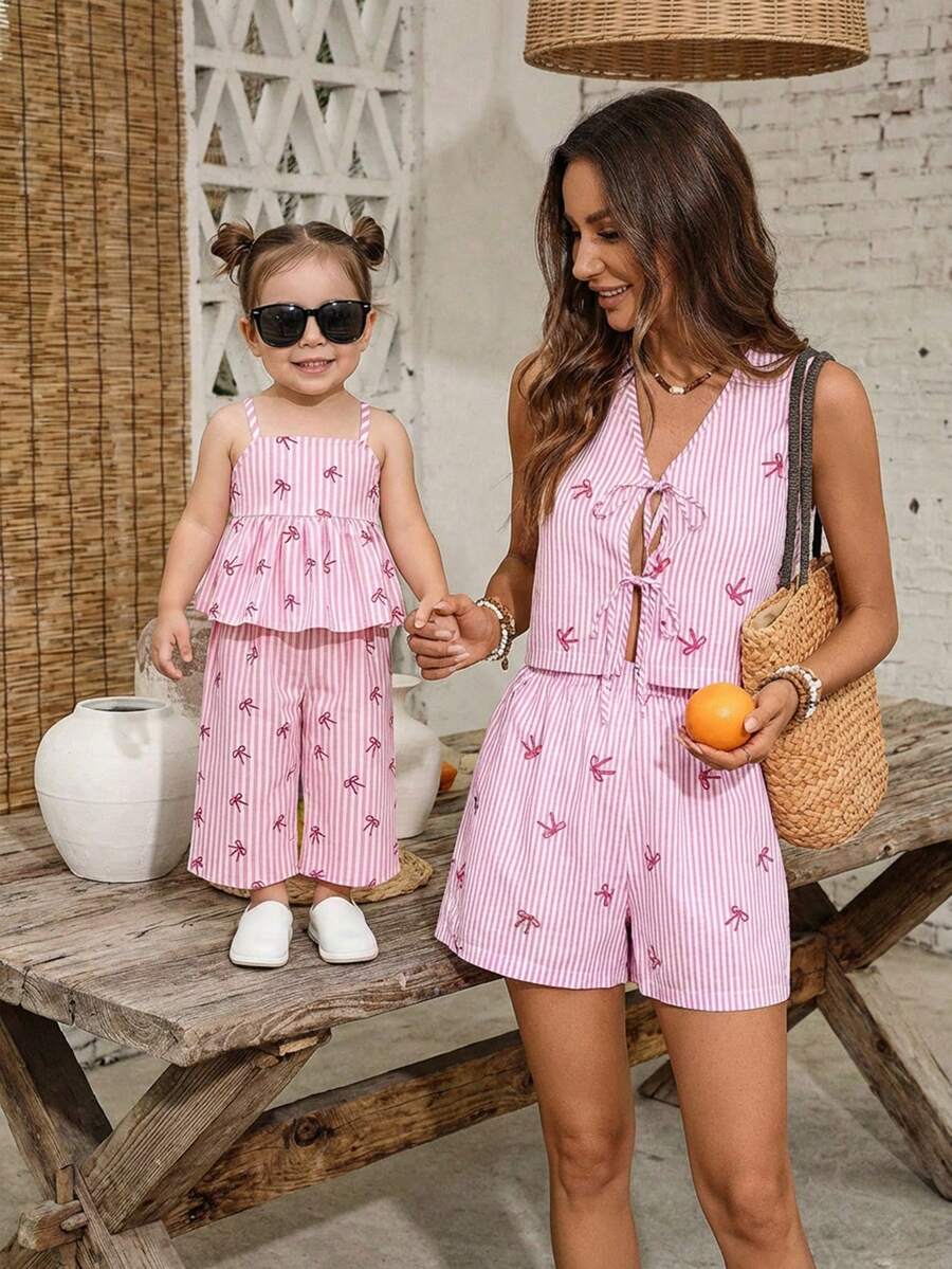 Bubblio Bộ đồ dễ thương cho bé gái mùa hè với áo hai dây họa tiết hoa nhí và quần cạp chun, hình trứng Phục Sinh, quà tặng Phục Sinh, thỏ Phục Sinh. - Hồng - Xem 1