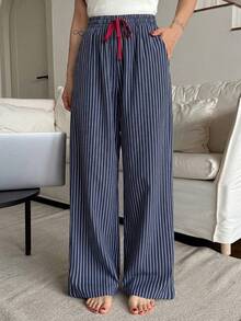 Striped Loose Drawstring Waist Home Pants Bottom, Fall Pajama, Winter - Blue - View 4