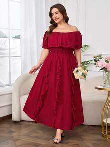 Ellevyn Plus Size Women's Elegant Red Satin Flowing Dress,Off-Shoulder Ruffle Patchwork Summer Party Outfits,Suitable For Weddings,Formal Occasions & Carnival - Red - View 6
