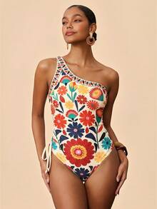 Travachic Women's Colorful Floral Print Tie-Front Cutout One-Piece Summer Beach Vacation - Multicolor - View 5