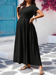 SHEIN Maternity Casual Solid Color Short Sleeve Dress - Black - View 1
