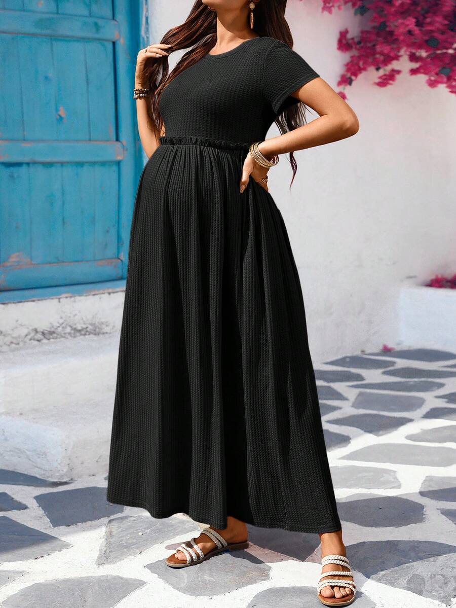 SHEIN Maternity Casual Solid Color Short Sleeve Dress - Black - View 1