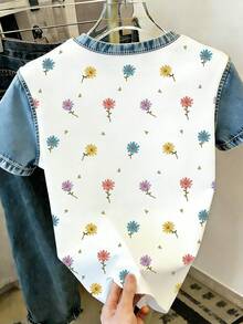 Resyla Floral Print Short Sleeve T-Shirt, Summer T-Shirt, Refreshing Ladies Top, Aesthetic Tee, Denim Effect - Multicolor - View 2