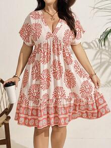SHEIN LUNE Đầm nữ cỡ lớn in họa tiết toàn thân, cổ chữ V, tay ngắn, kiểu dáng thường ngày, thích hợp cho kỳ nghỉ. - trái cam - Xem 8
