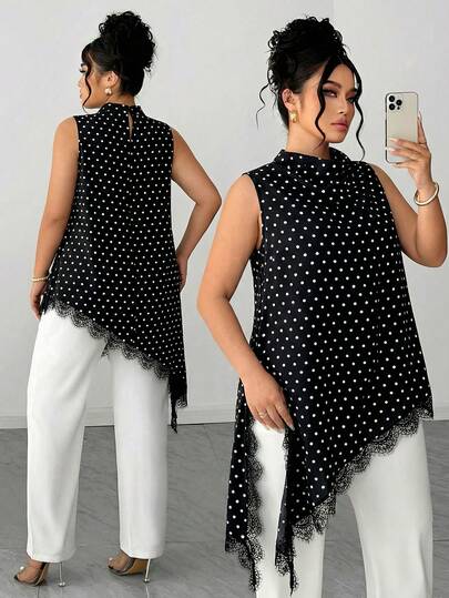 Elenzga Blusa sin mangas con dobladillo de encaje para mujer de talla grande, elegante blusa larga de estilo vintage, versátil para el trabajo, graduación, vacaciones, San Valentín, festivales de música, Día de la Madre, Halloween, Acción de Gracias, Pascua, Día Nacional, bailes, citas, bodas, salidas, etc.