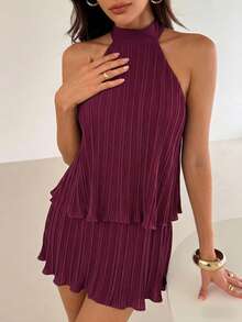 NOVVYNE Vestido estilizador con cuello fruncido, estilo de vacaciones francesas - Burdeos - Ver 5