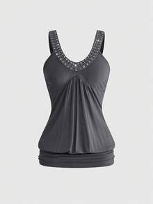 ROMWE Y2K Style Sleeveless Top With Rhinestone Decor, Casual For Summer - Dark Grey - View 1