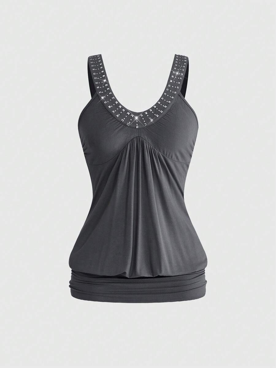 ROMWE Y2K Style Sleeveless Top With Rhinestone Decor, Casual For Summer - Dark Grey - View 1