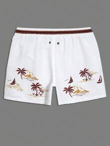 Manfinity Swimmode 男士棕榈树印花抽绳腰带沙滩短裤 - 米色 - 查看 7