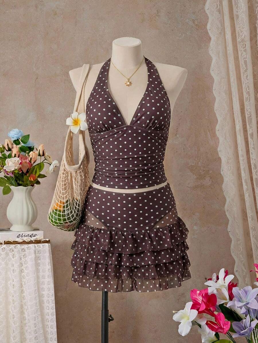 Bellisia Bộ đồ bơi nữ chấm bi buộc dây cổ kiểu tankini và quần tam giác, thích hợp cho kỳ nghỉ hè. - Màu xanh bạc hà - Xem 1