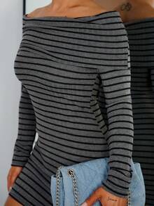 SAYEHFBABY 女式时尚黑灰条纹长袖连衣裙 - 彩色 - 查看 3