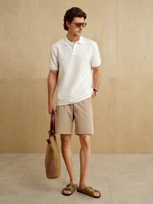 Manfinity Homme 男士白色几何条纹纹理休闲 Polo 衫 - 白色 - 查看 5