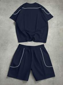 PAVTROS 男士极简印花圆领短袖T恤和短裤套装 - 寶藍色 - 查看 2