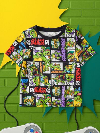 TEENAGE MUTANT NINJA TURTLES | SHEIN Young Boy Casual Fashionable Street Daily Commute Cartoon Patchwork Print Short Sleeve T-Shirt, Summer
