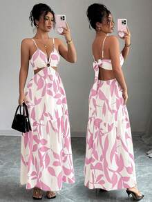 Elenzga Women's Summer New Spaghetti Strap Tie-Waist Printed Dress (Floral Print) - Baby Pink - View 5