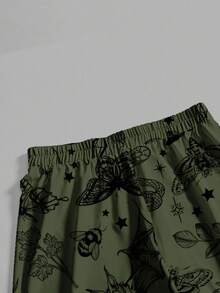 ROMWE Goth Pantalones anchos de pierna ancha con estampado de calavera, murciélago, polilla, verde y negro, serpiente y estrella de estilo gótico, horror y bosque oscuro, de talla grande y estampado total - Verde - Ver 4