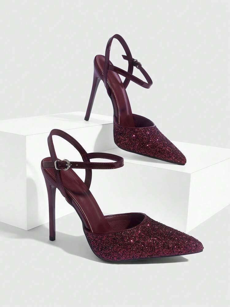 CUCCOO SZL Women Shoes Women's Pointed Stiletto Burgundy Shiny Glitter Ankle Strap Buckle Temperament Elegant Fashion Sexy Women's High Heels Shoes Slingback Shoes Suitable For Parties, Parties, Banquets And Other Occasions Women's Shoes