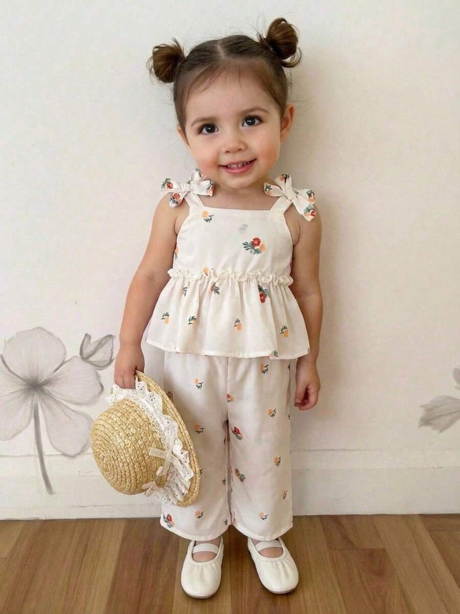 SHEIN LMoss Kids 女婴夏季可爱黄色条纹吊带背心和松紧腰裤套装 - 杏色 - 查看 1